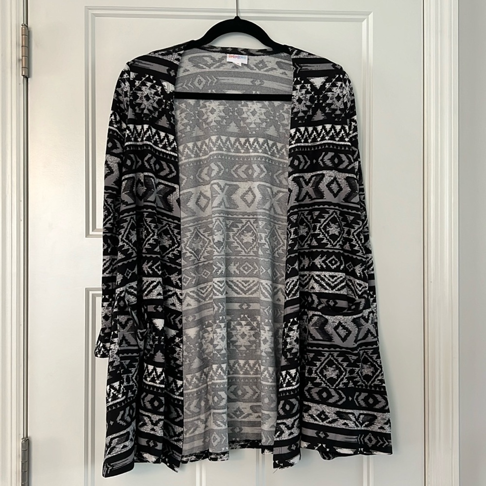 LuLaRoe Carline Cardigan. Black, white, gray Aztec print. New with Tags! Size XS